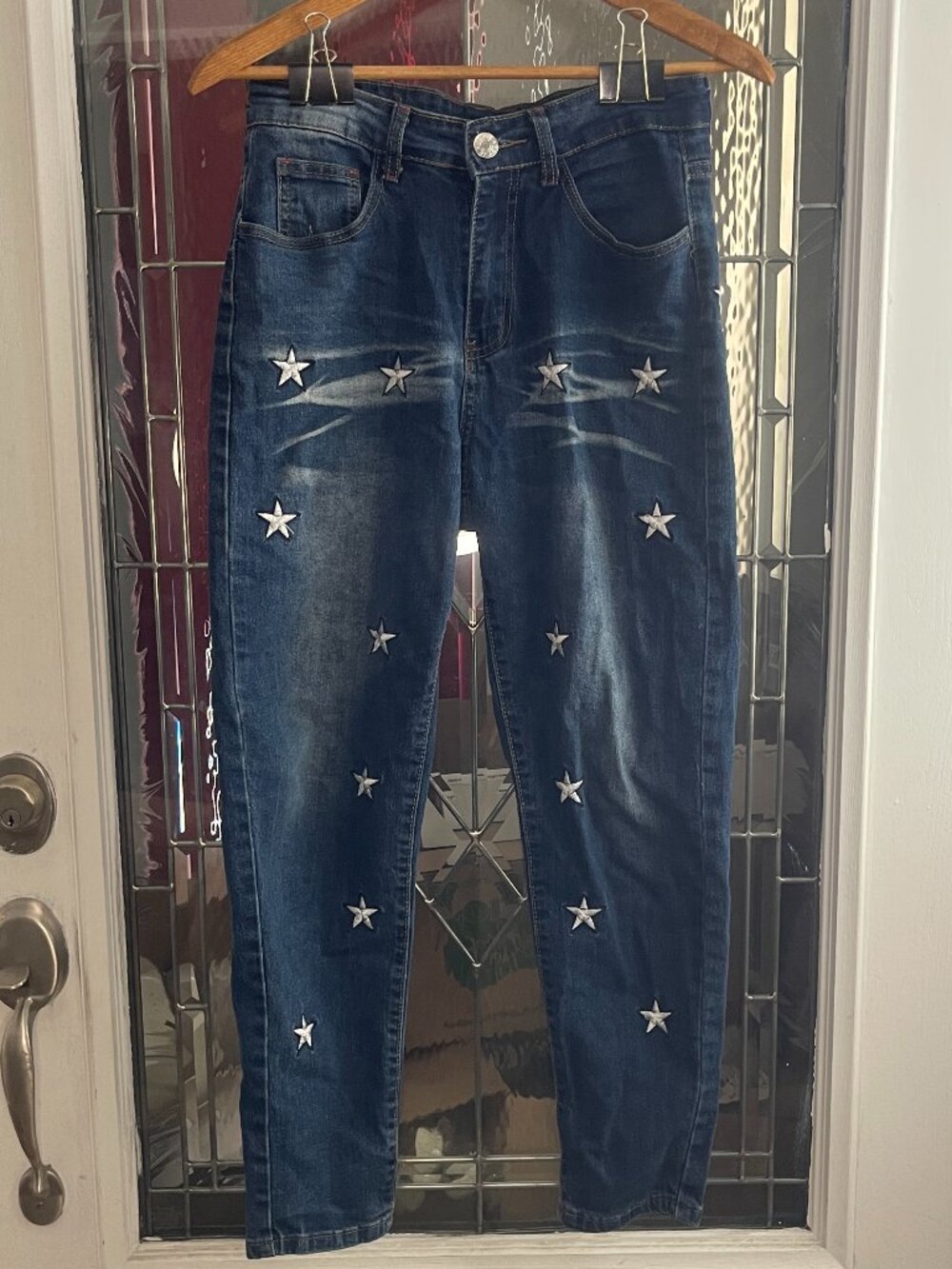 ROMWE Womens Blue Jeans Embroidered Stars Sz 28 July 4th American Celebration